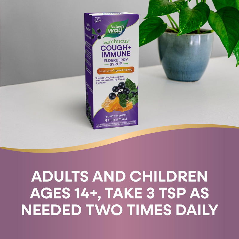 Nature's Way Sambucus Cough + Immune* Elderberry Syrup, Honey, 4 Fl Oz | 4 Fl Oz, Soothes Coughs Associated with Hoarseness, Dry Throat, and Irritants* Vitamin C, Zinc, Organic Honey