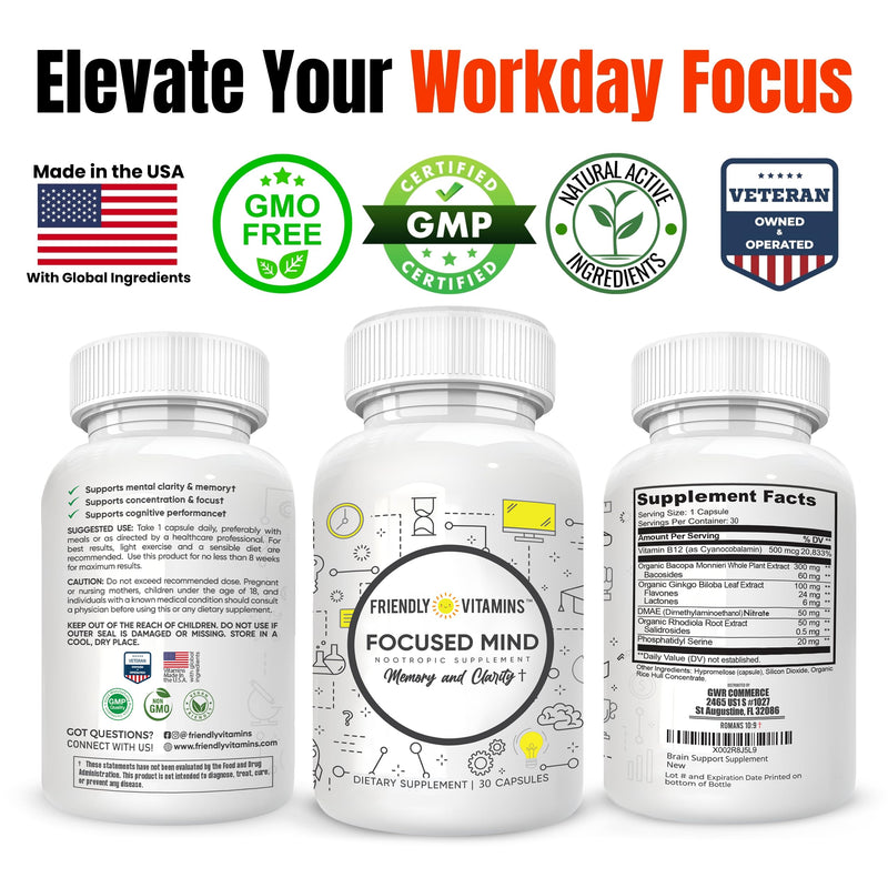 Focused Mind – Daily Brain Supplement for Memory and Focus Support | Nootropic for Concentration, Mental Clarity, and Brain Energy | Cognitive Supplement for Work, School, or Everyday Demands