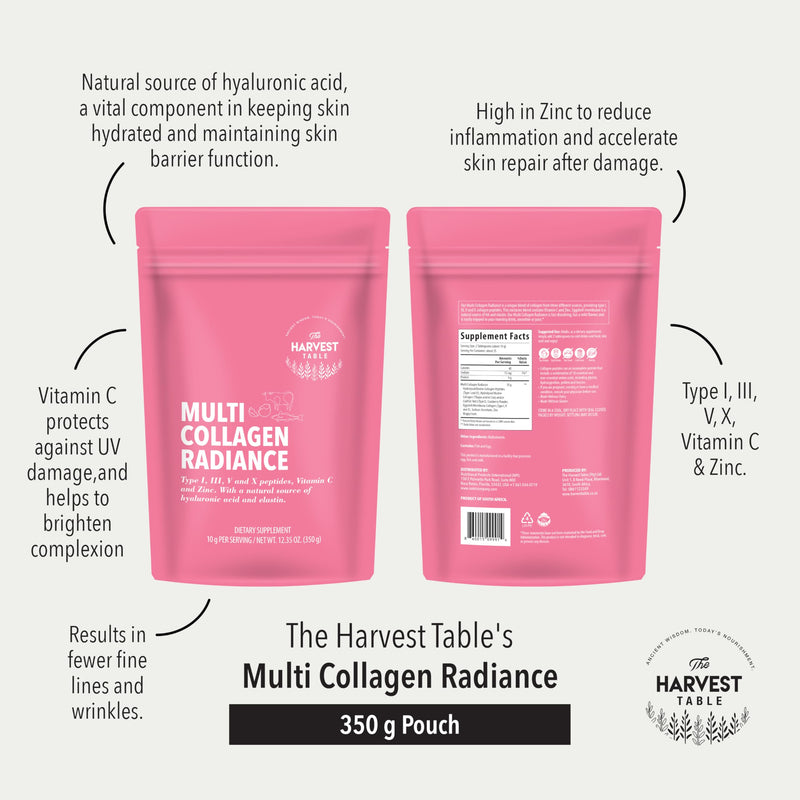 The Harvest Table Multi Collagen Radiance for Women — 29 Servings, Types I III V X, Vitamin C, Zinc & Cranberry, Grass Fed Bovine Marine & Eggshell, Halal Certified, Skin Hair Nails — 12.35 oz (350g)