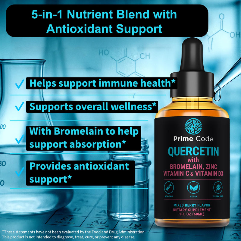 Prime Code Quercetin Liquid with Bromelain, Zinc, Vitamin C & D3 – Mixed Berry Flavor – Vegan, Non-GMO, Gluten Free Antioxidant & Immune Support Supplement – High Absorption 2 fl oz (60mL)