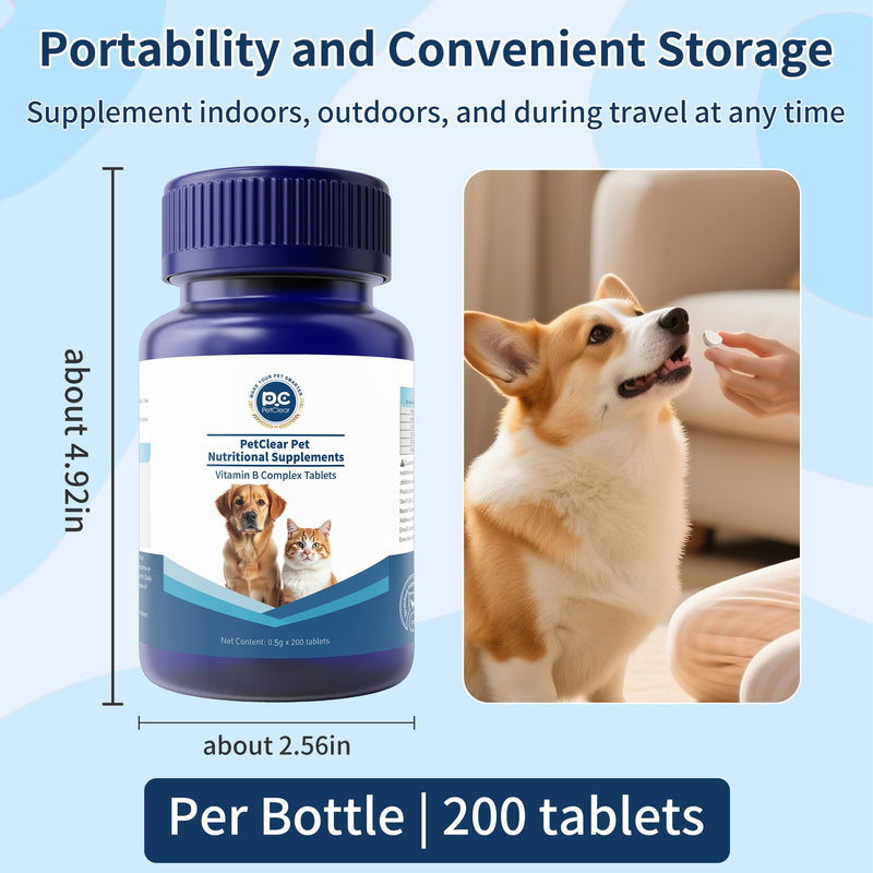 Vitamin B for Dogs, 200 Tablets, Vitamin B Complex Contains B12, B1, B2, B3, B5, B6, B7, B9 Supports Energy, Appetite, Digestive, Skin, Coat, Neurological Health, Suitable for Cats and Dogs(1 Bottle) Blue 1 Bottle (200pcs in total)