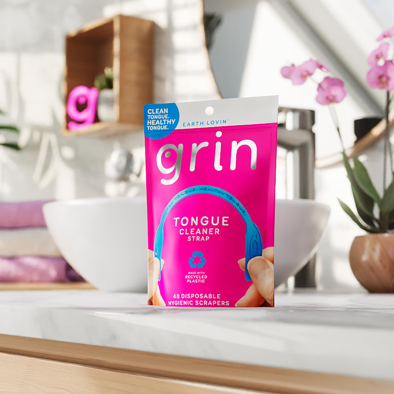 GRIN Tongue Cleaner Strap, 48 Count, Disposable Tongue Cleaner, Hygienic Dual Edge Scraper, Recycled Plastic, Clean Tongue, Healthy Tongue, Promote Fresh Breath, Includes Safe Fold- Back Tooth Pick 48 Count (Pack of 1) - BeesActive Australia