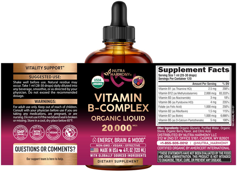 USDA Organic Vitamin B-Complex 20000mcg - B5, B12, B1, B6, B7, B9, B3 - 4Oz | B Complex Liquid Drops - Pantothenic Acid, Methylcobalamin, Thiamine, Pyridoxine, Biotin, Folic, Niacinamide - Berry Flavor B-Complex 4oz
