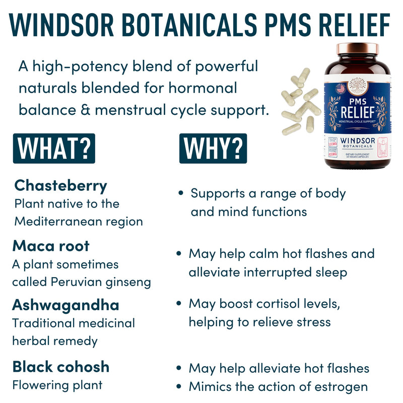 PMS Support Supplement for Women with Chasteberry, Maca Root, Ashwagandha - Period Relief, Bloating Relief for Women, Mood Support, Hormone Balance Herbal Supplements - 30 Day, 60 Vegan Capsules Vegan PMS Support