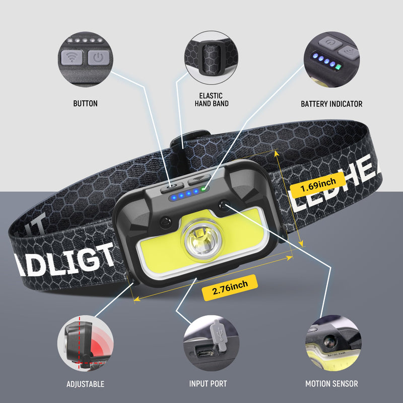 Headlamp Rechargeable 2 Pack, 1300 Lumen Ultra-Bright Head Lamp with Red Light, Waterproof Motion Sensor Head Lights for Forehead with White Green, 14 Modes Adjustable Headlight for Camping Cool Black 2 Packs