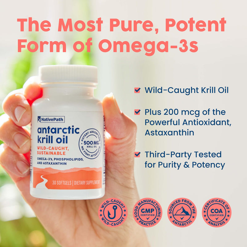 NativePath Wild-Caught Antarctic Krill Oil 500mg - Premium Astaxanthin 200mcg Phospholipid-Bound Omega-3 EPA DHA - Pure Formula GMP Certified Third Party Tested - 30 Softgels | Wild-Caught, Astaxanthin, EPA & DHA Phospholipid-Bound, Supports Circulator...