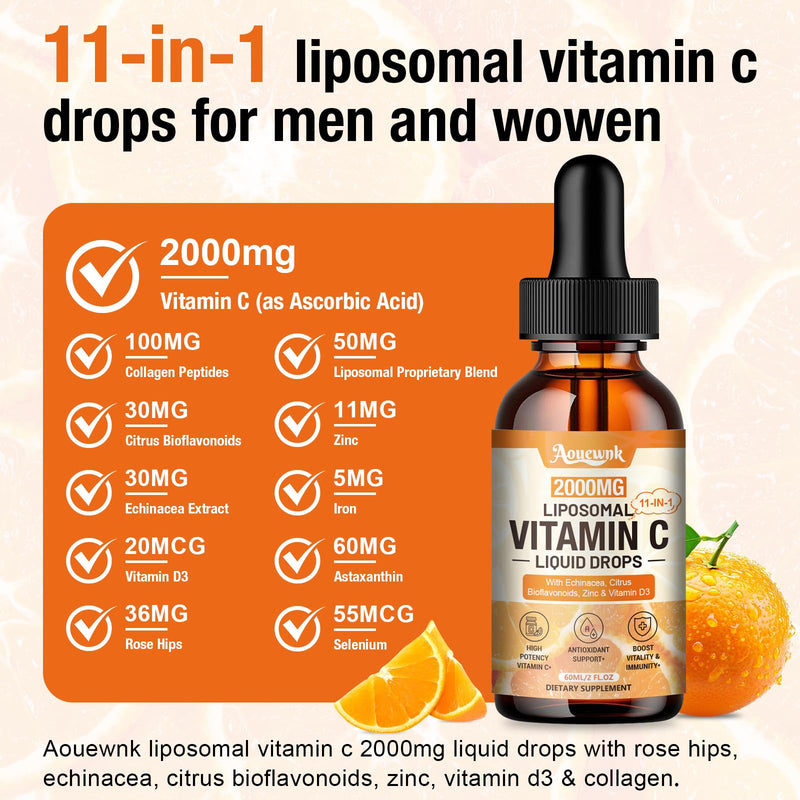 2 Packs Liquid Vitamin C Drops 2000mg, 11-in-1 Liposomal Vitamin C Complex | Support Antioxidant, Skin & Immunity| for Women & Men| with Rose Hips, Echinacea, Citrus Bioflavonoids, Zinc & Vitamin D3 2 Fl Oz (Pack of 2)