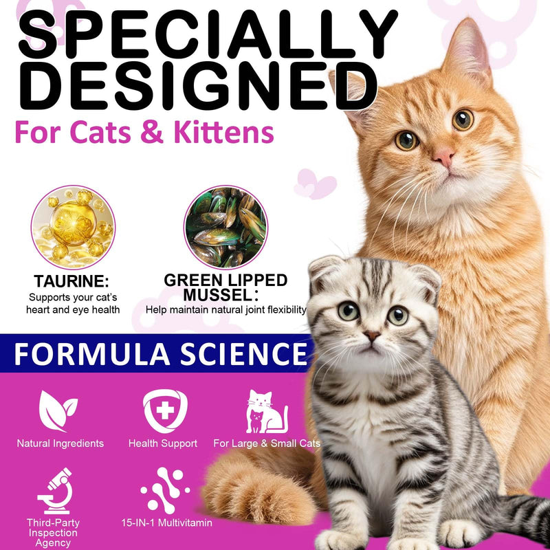 Daily Essential Vitamins for Cats - 15-in-1 Multivitamin Soft Chews with Taurine, Omega Fatty Acids, Prebiotics & Green-Lipped Mussel for Immune, Digestion, Joint Support - Chicken Flavor