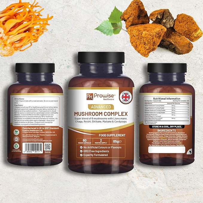 Advanced Mushroom Complex | Super Blend of 6 Mushrooms - Lion's Mane, Chaga, Cordyceps, Shiitake, Reishi and Maitake | 60 Vegan High Strength Capsules | Made by Prowise UK - BeesActive Australia