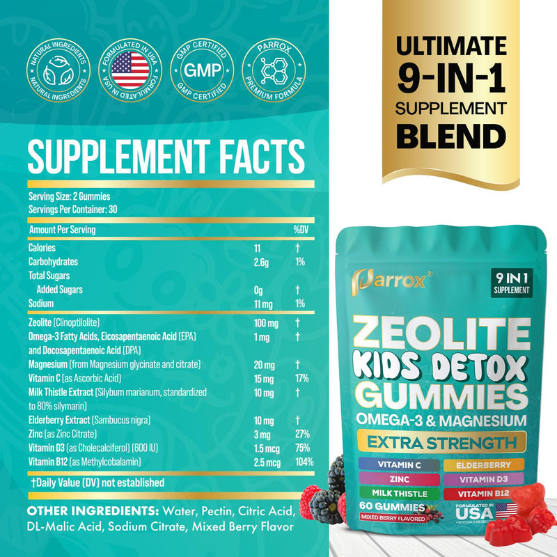 Zeolite Kids Detox Gummies, 9-in-1 Sugar-Free, Mixed Berry, 2 Pack | Extra Strength with Zeolite, Omega-3, Magnesium, Elderberry, Vitamin C, Milk Thistle, Vitamin D3, Zinc, B12 60 Count (Pack of 2)