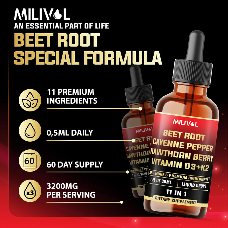 11in1 Beet Root Liquid Drops with Vitamin D3, Vitamin K2, Hawthorn Berry, Cayenne Pepper, Garlic, Hibiscus, Olive, Red Spinach, Green Tea, Ginseng - Digestion Support - 1 Fl Oz - 60 Day Supply