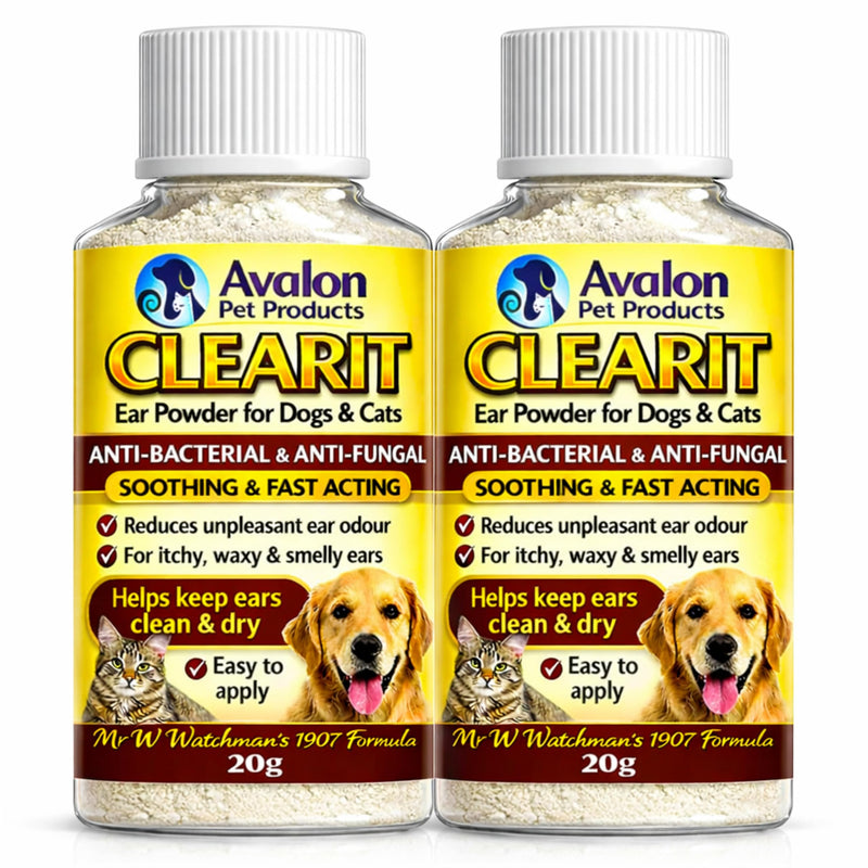 Avalon Pet Products CLEARIT 2 x 20G Ear Powder for Dogs & Cats – Anti Bacterial & Anti Fungal Powder Supports Yeast Control, Itching, Wax Build-Up & Odour - Helps Keep Ears Dry, Fresh & Comfortable 20 g (Pack of 2)