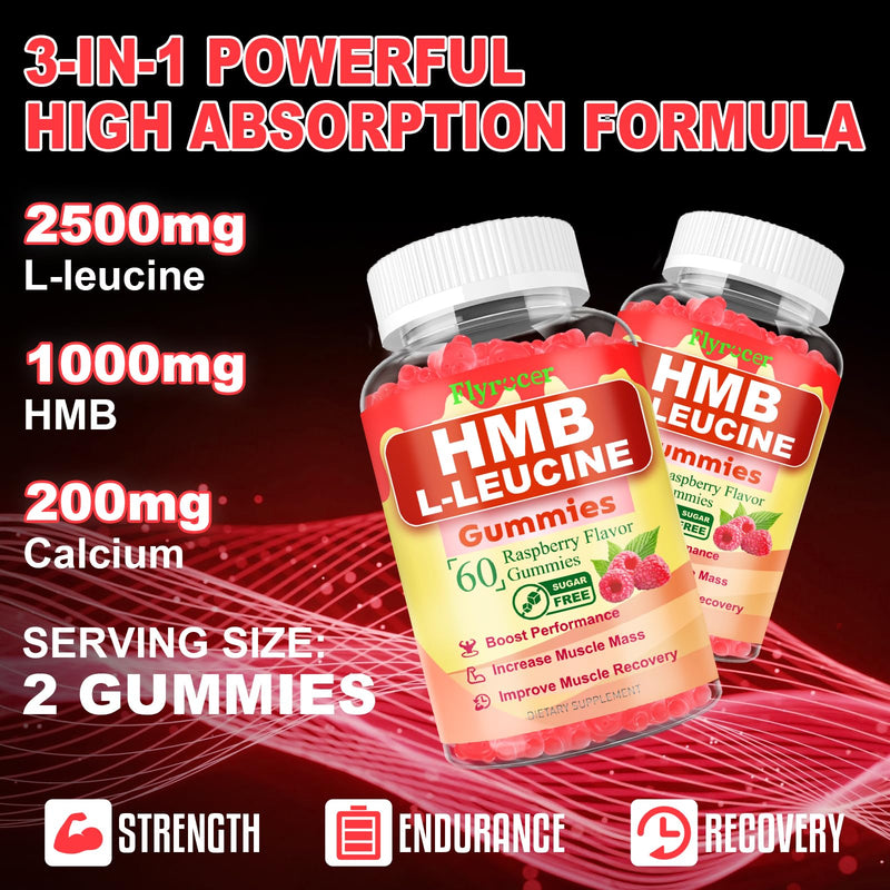 2 Pack HMB and L-Leucine Gummies, HMB and Leucine for Muscle Growth, Muscle Relief, for Men & Women, Vegan, Sugar-Free, Raspberry Flavor, 120 Count 60 Count (Pack of 2)