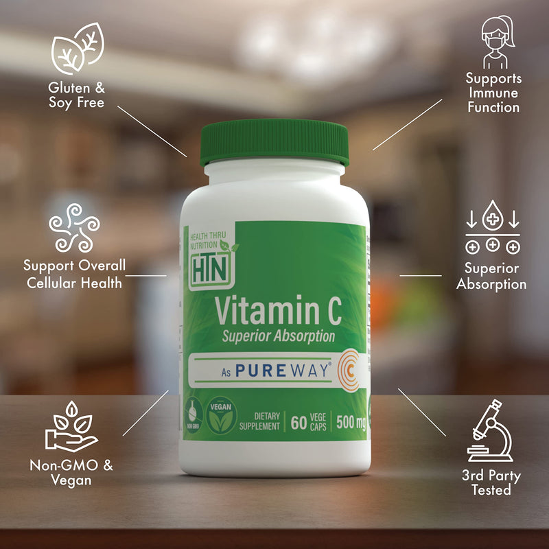 Health Thru Nutrition Vitamin-C 500mg PureWay-C 60 Count High Absorption | Superior Absorption Vitamin C Supplement | Healthy Immune Function and Collagen Support | 3rd Party Tested | Vegan, Non-GMO Unflavored 1 Count (Pack of 60)