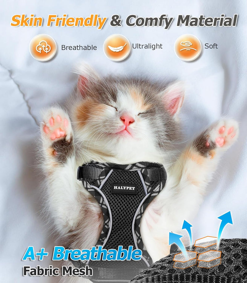 Cat Harness and Leash Set [H500 Pro Escape Proof Cat Harness for Walking, Adjustable Breathable Soft Travel Cat Leash, Reflective Strips Kitten Harness Small Black Plaid - BeesActive Australia