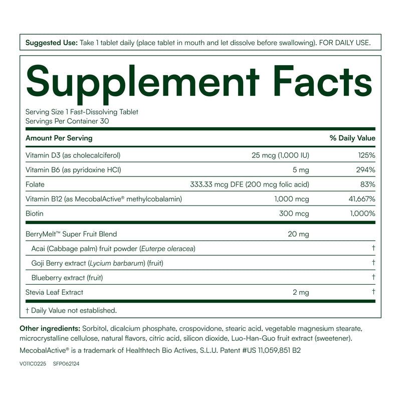 Purity Products B-12 Energy Berry w/Super Fruits Methylcobalamin B12 | Vitamins B6, D3, Folic Acid and Biotin - High Absorption MecobalActive B 12-30 - Berry Lemonade Melting Tablets 1