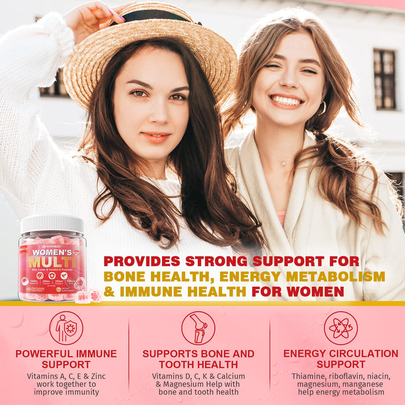 Women's Multivitamin Gummies-Methylated Multivitamin for Women with Omega-3 | Magnesium,Calcium, Enzymes,Probiotic & Antioxidant Blend to Support Overall Health, Immunity, Hair, Nails & Skin Health-2Pack 60 Count (Pack of 2)