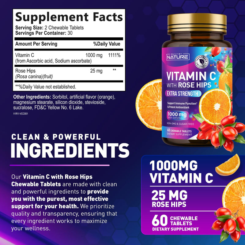 Built by Nature Chewable Vitamin C with Rose HIPS 1000mg 60 Tablets Orange Flavor, Non-GMO, Gluten-Free, Vegan, Immune Support & Antioxidant 60 Count (Pack of 1)