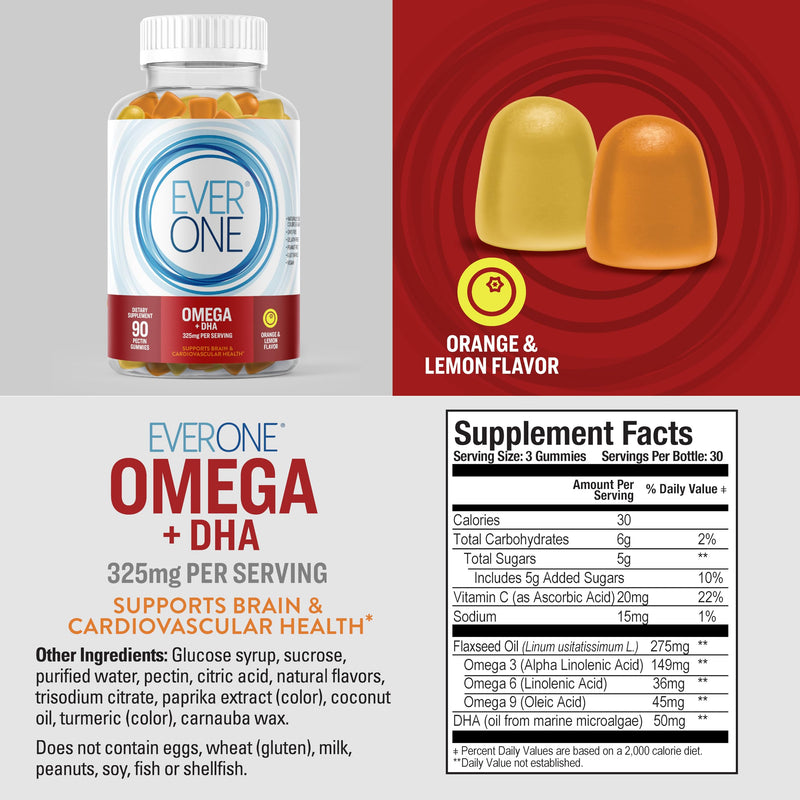 Ever One Omega Fish Oil Gummies for Adults & Teens with DHA, Omega 3, 6, 9 | Support Brain and Cardiovascular Health Supplement - Vegan, Gelatin Free, GMO Free - Orange & Lemon Flavored