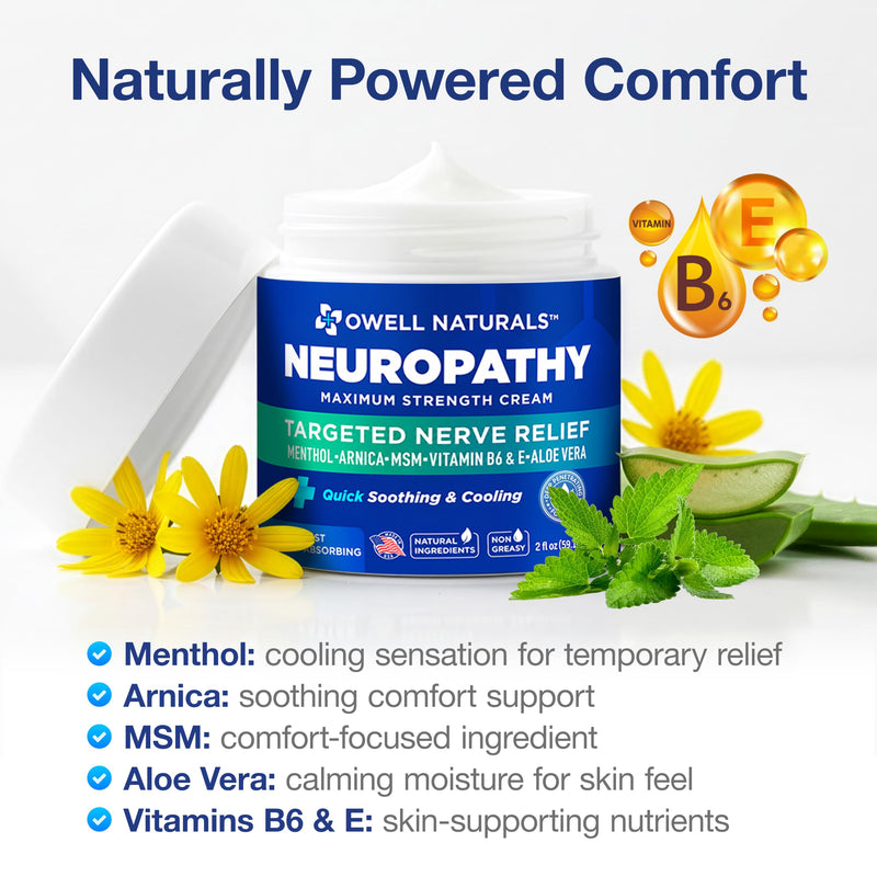 Owell Naturals Neuropathy Cream Extra Strength – Fast Absorbing Cooling for Leg, Feet & Hands – Advanced Soothing Formula with Aloe Vera, Arnica, MSM & Vitamin B6 – Made in USA, 2 fl oz (3 Pack) 2 Fl Oz (Pack of 3)