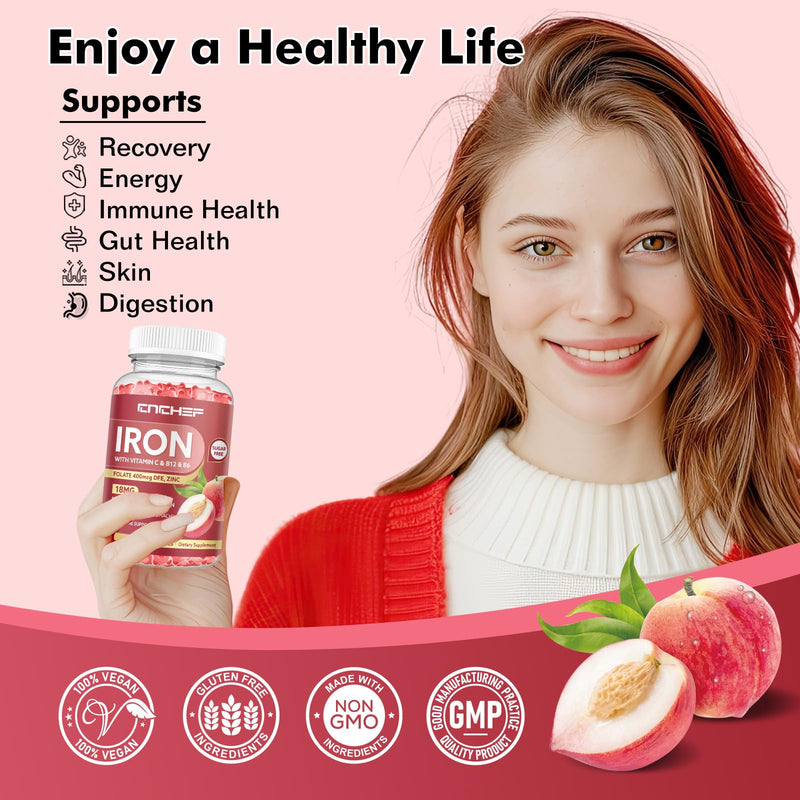 2PCS Iron Supplement for Women & Men Gummies, Multivitamin Blood Builder Iron Supplement with Folate Vitamin C B12 B6 Zinc for Adults & Kids - Energy Support - Peach Flavor, Vegan 120 Gummies 60 Count (Pack of 2)