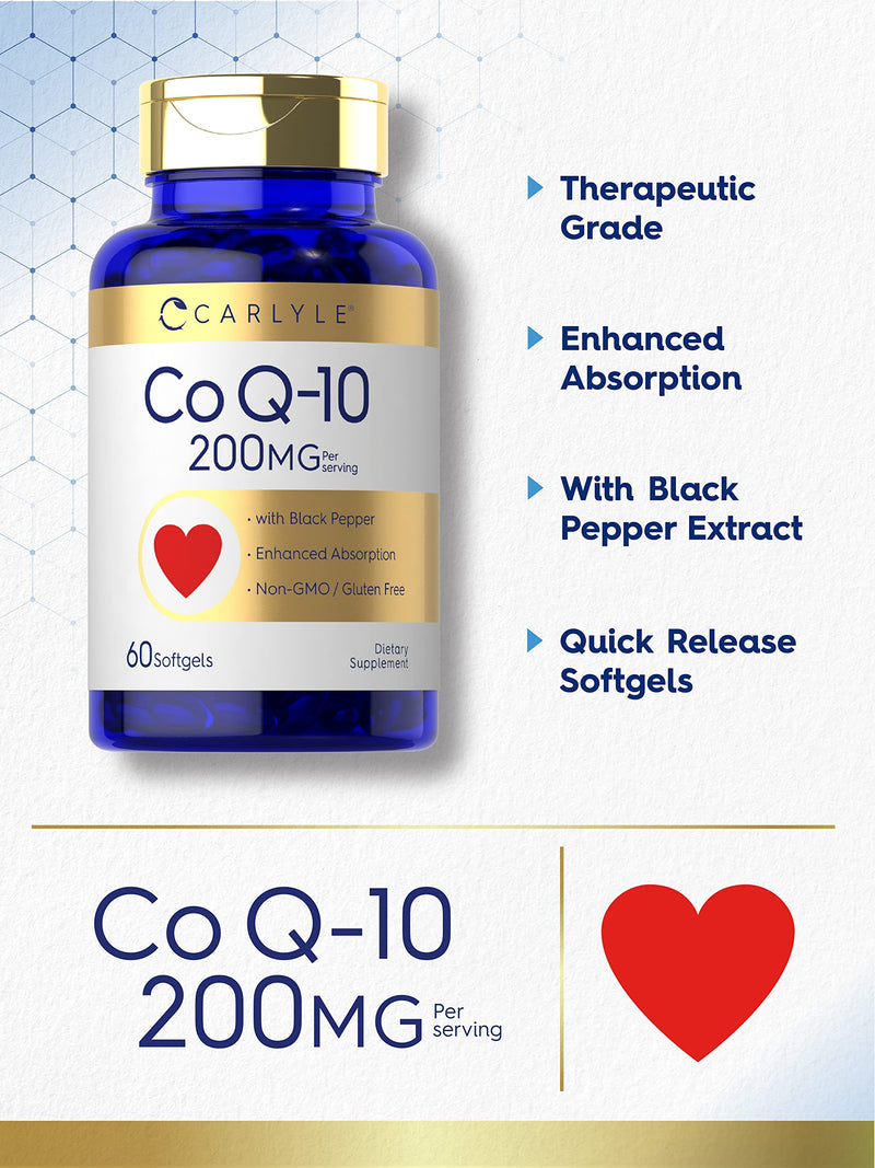 Carlyle CoQ10 200mg Softgels | 60 Count | with Black Pepper | Enhanced Absorption | Non-GMO, Gluten Free Supplement