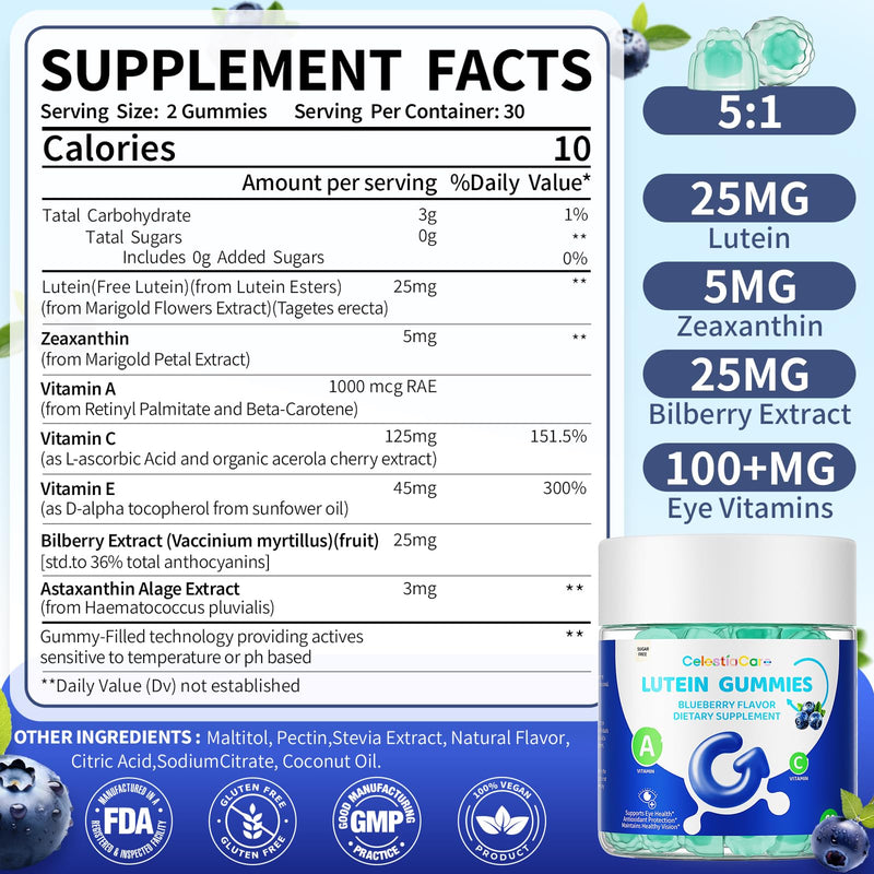 Lutein and zeaxanthin Eye Vitamins Gummies, Bilberry, Astaxanthin, Eye Vitamins for Kids and Adult Vision&Blue Light Support, Overall Eye&Macular Health-60 Count 2