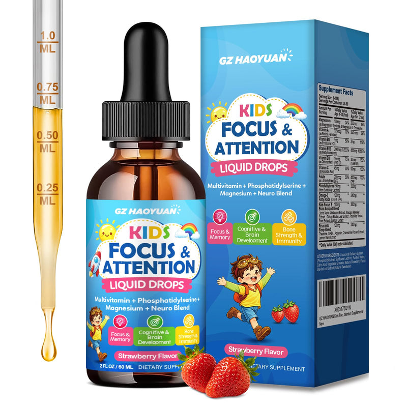 Kids Focus and Attention Supplements with Phosphatidylserine, Omega-3, Magnesium Glycinate, L-Theanine, Folate, Brain Vitamins Liquid Drops for Kids Memory, Cognitive, Sleep & Mood,Strawberry,2 Fl Oz Strawberry 2 Fl Oz (Pack of 1)