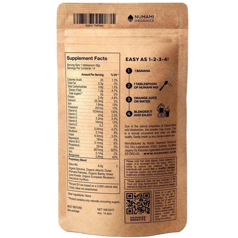 Numami Organic Detox Blueberry Smoothie Powder with Healthy Spirulina, Atlantic Dulse and Barley Grass Juice Powder, Premium Quality superfood from Europe Blueberry Powder 4 Ounce (Pack of 1)