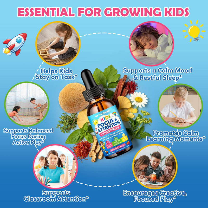 Kids Focus and Attention Supplements with Phosphatidylserine, Omega-3, Magnesium Glycinate, L-Theanine, Folate, Brain Vitamins Liquid Drops for Kids Memory, Cognitive, Sleep & Mood,Strawberry,2 Fl Oz Strawberry 2 Fl Oz (Pack of 1)