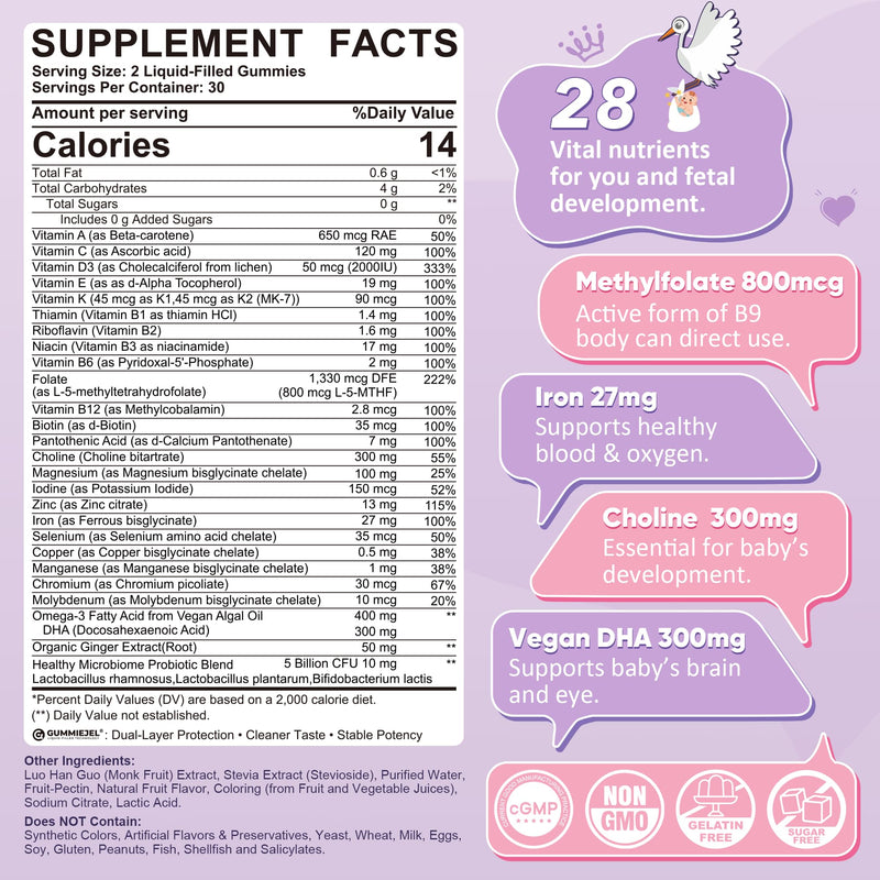 Prenatal Vitamins for Women, Prenatal Multivitamin Gummies + Methylfolate, Iron, Omega-3, Choline, Ginger, Probiotic, Vitamin A C D3 B6 B12 for Before, During & After Pregnancy, NO Sugar, Vegan, 60Cts
