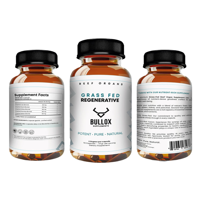 Bullox Supplements. Grass Fed Beef Organs, Freeze Dried Liver, Heart, Kidney, Pancreas and Spleen, Natural Multi-Vitamin Supporting Wellness and Whole Body Nutrition. Non GMO, Free Pesticides.