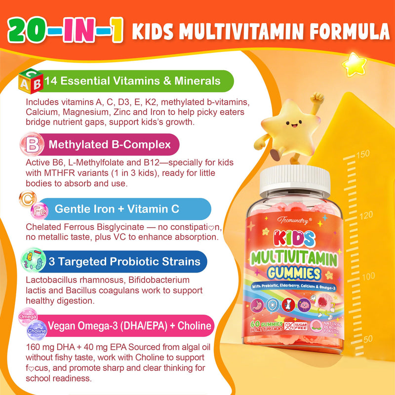 Kids Multivitamin Gummies - Kids Vitamins with Calcium, Probiotics, Iron, Omega-3, Methylated B12 & Methylfolate, Vitamin D3, K2, B6, A, C, E, Zinc for Healthy Growth - Sugar Free, Vegan, 60 Gummies Peach 60 Count (Pack of 1)