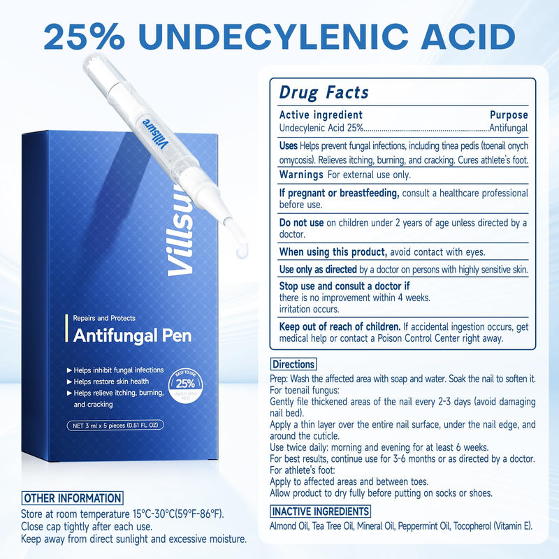Villsure Toenail Fungus Pen - Toenail Fungus Treatment Extra Strength, Contains 25% Undecenoic Acid, Tea Tree Oils, along with Other Natural Ingredients, Mild and Non-Irritating- Nail Fungus Pen 5pcs - BeesActive Australia