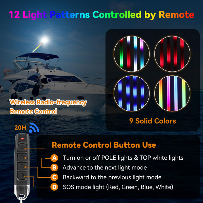 RVZONE 16inch Anchor Light RGBW Boat Stern Light IP67 Waterproof with Remote Control 180°Fold Down Marine Navigation Lights for Boats LED for Pontoon, Jon Boat, Bass Boat, Fishing Boats (16 inch) 16 inch