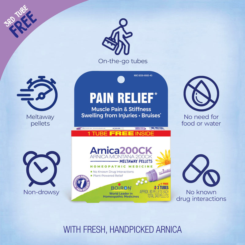Boiron Arnica Montana 200CK Homeopathic Medicine for Pain Relief, Muscle Pain & Stiffness, Swelling from Injuries, & Bruises - 3 Count (240 Pellets)