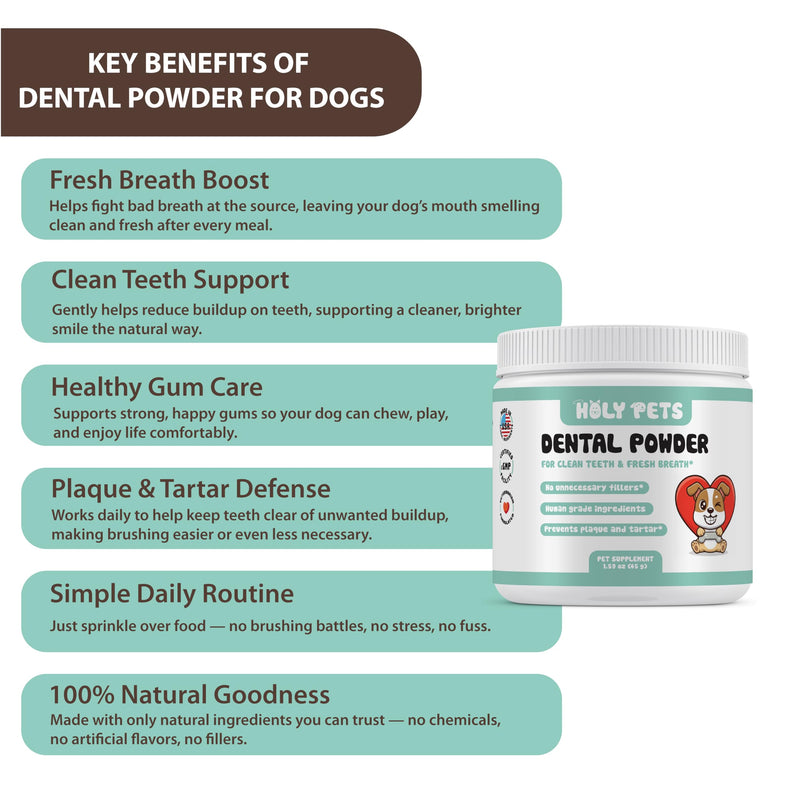 Dog Breath Freshener & Dental Powder for Teeth Cleaning – Plaque Off and Tartar Support for Dogs with Natural Herbal Blend & Postbiotics for Total Canine Oral Care (45g) 45g