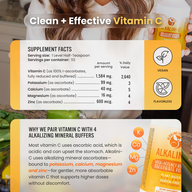 Alkaline for Life Buffered Vitamin C Powder, Corn-Free, L-Ascorbate | 1,584 Mg L-Ascorbate Per Half-Teaspoon; With Potassium, Calcium, Magnesium, Zinc; Non-Acidic, Gentle; Vegan 16 Ounce (Pack of 1)