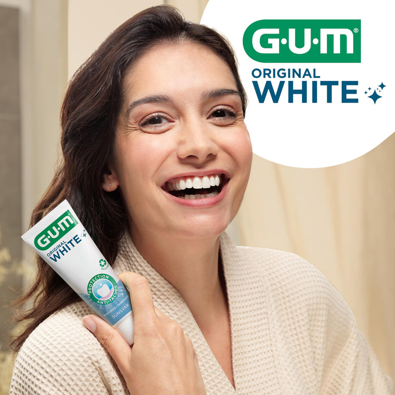 GUM Original White Toothpaste, Restores the Original White of the Teeth, Fluoride and Isomalt Protect the Enamel, 2 x 75 ml (with 1 Free Sample)