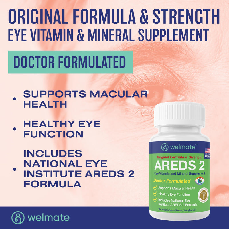 WELMATE - AREDS 2 (60 Servings) - Eye Vitamin and Mineral Supplement - Vitamin C, Zinc, Lutein, Zeaxanthin - Macular Health - Doctor Formulated & Tested - Eye Care - Gluten Free - 120 Mini Softgels 120 Count (Pack of 1)