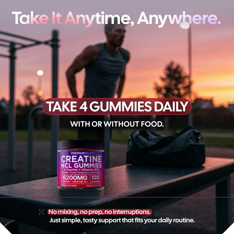 Creatine HCL Gummies for Women & Men - 120 Gummies 6200mg HCL Creatine Chews Advanced Complex with L-Taurine + Vitamin B12 for Muscle Strength, Energy Boost & Booty Gain Gummy - Mixed Berry Flavor