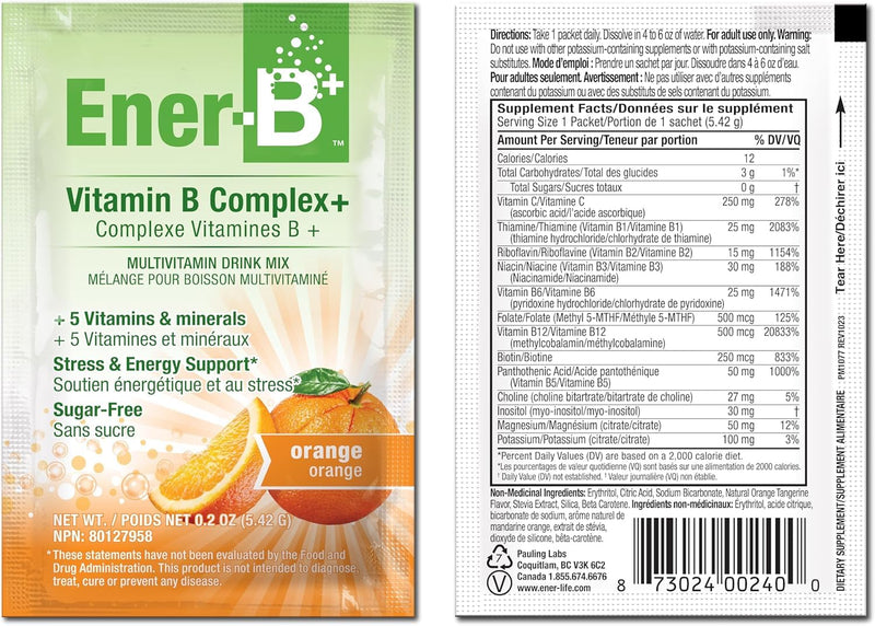Ener-B+ Sugar Free Multivitamin Drink Mix, Vitamin B - Orange, 30 Count | Instant Vitamin Packets, Electrolyte Powder Sticks, Hydration Booster, Supplement Liquid for Men and Women 5.75 Ounce (Pack of 1)