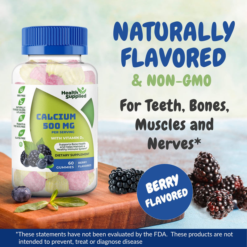Health Supplied Calcium 500mg with Vitamin D3 1000 IU Gummies | Daily Dietary Supplement | Bone Strength, Growth, Teeth | for Adults, Teens, Kids | Great Tasting Natural Berry Flavor Vitamin Gummy 60 Count (Pack of 1)