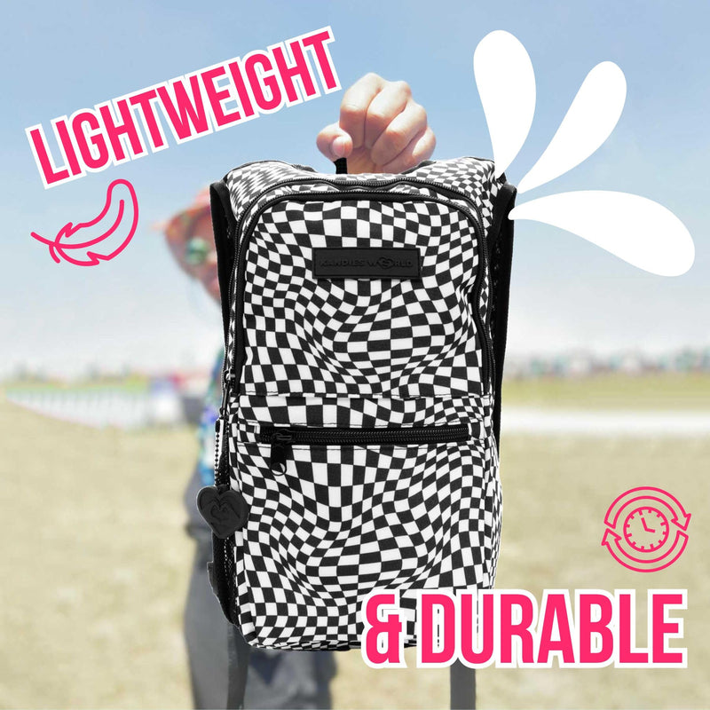 Kandies World Reflective Festival Hydration Pack - 2L Water Bladder for Raves, Hiking, Biking, Running, and More (with Anti-Theft Pocket) Checkered - BeesActive Australia