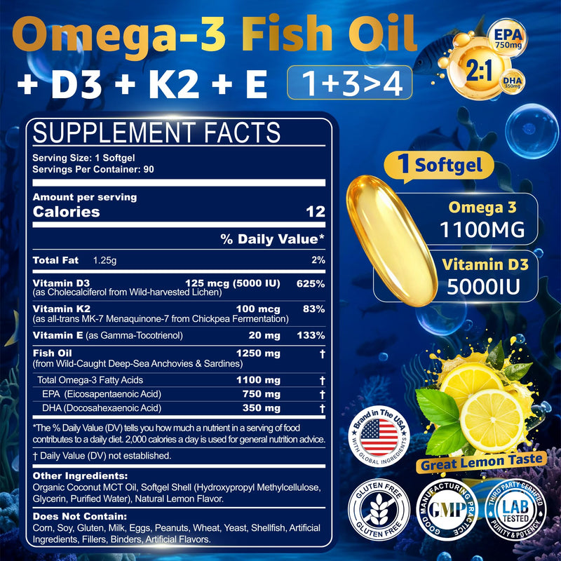 Omega-3 Fish Oil Supplement 1250mg, Vitamin D3 5000IU, K2 E, 3-Month Supply | Burpless Triple Strength 1100mg Omega 3 Fatty Acids(750mg EPA + 350mg DHA) for Women & Men, Wild-Caught Fish Oil, 90 Softgels