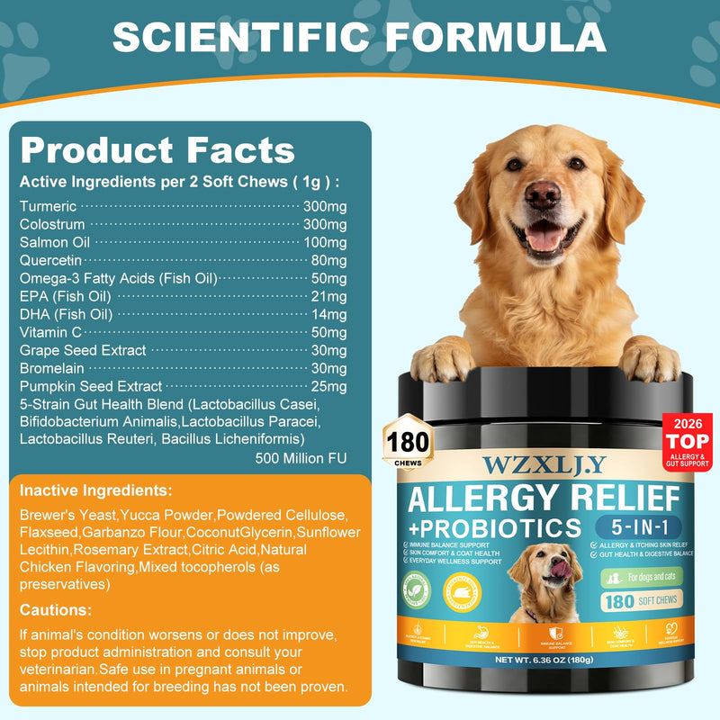 Dog Allergy Chews, Allergy Immune Bites for Dogs, Itching Skin Relief, Itchy Ears, Anti Itch, Paw Licking Treatment, Seasonal Allergies, Dog Probiotics for Digestive Health & Gut Health, 180 Chews