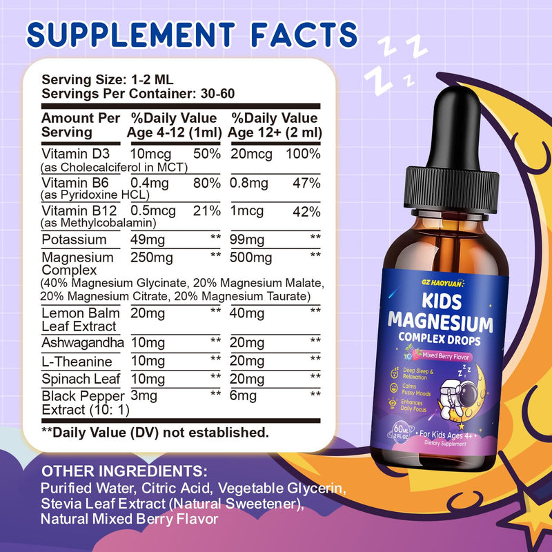 Magnesium Complex Liquid for Kids, Magnesium Glycinate, Malate, Taurate, Citrate with L-Theanine, Vitamin B6, B12, D3 Kids Liquid Drops for Sleep, Relaxation, Calm, Focus - 4 Fl Oz, Mixed Berry Flavor 4 Fl Oz (Pack of 1)