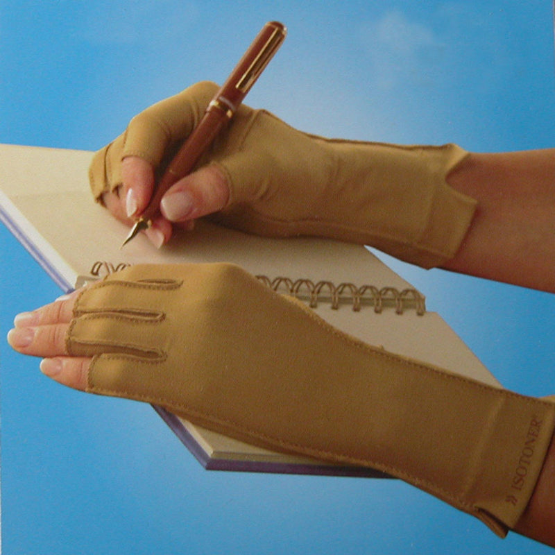 Isotoner Therapeutic Compression Fingerless Gloves, Large, Camel Tan