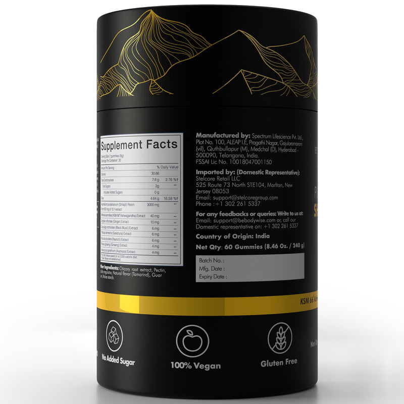Be Bodywise Pure Himalayan Shilajit Gummies | 3000 MG I Individually Wrapped | No Added Sugar | KSM 66 Ashwagandha, Gokshura | 75% + Fulvic Acid,85+ Trace Minerals |Men,Women|Natural,Vegan I 60 Gummy Shilajit Gold Gummies