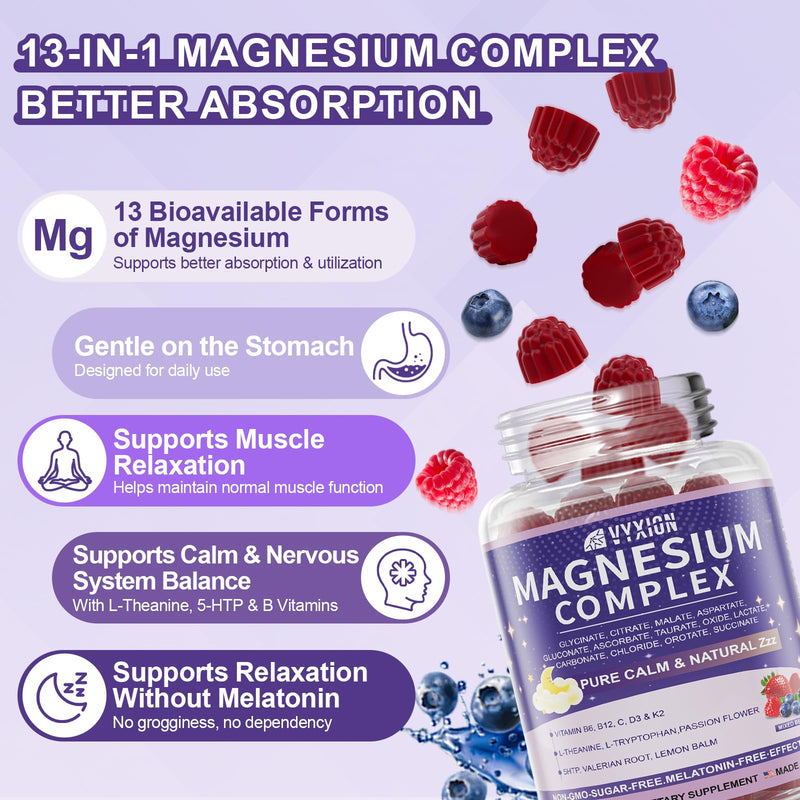 Magnesium Complex Gummies, Calm Relaxation & Deep Sleep Support, 12-in-1 Magnesium Glycinate with L-Theanine, Vitamin D3, K2, Zinc – for Women & Men, No Added Sugar